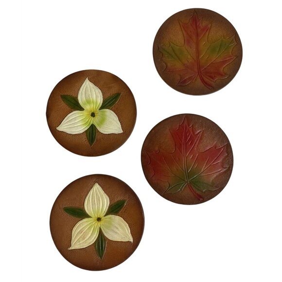 Round Leather Coasters Embossed Handpainted Floral Maple Leaf Canada Souvenirs 4 - Picture 2 of 7
